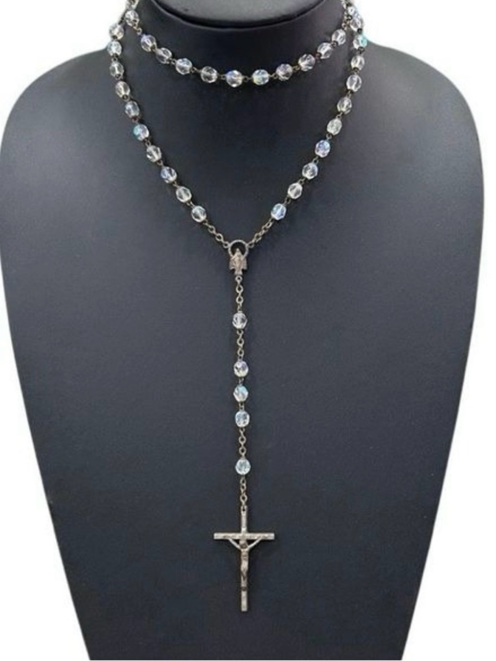 Vintage Signed Italy
Rosary Silver-tone Crucifix
Aurora Borealis Crystal Beads